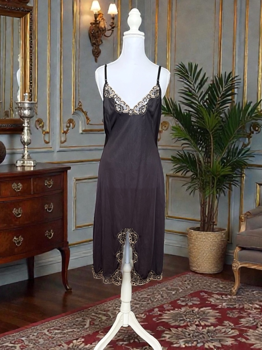 Joan Collins Vintage Slip Dress Lace Nightgown Black Gold M Medium L Large 38